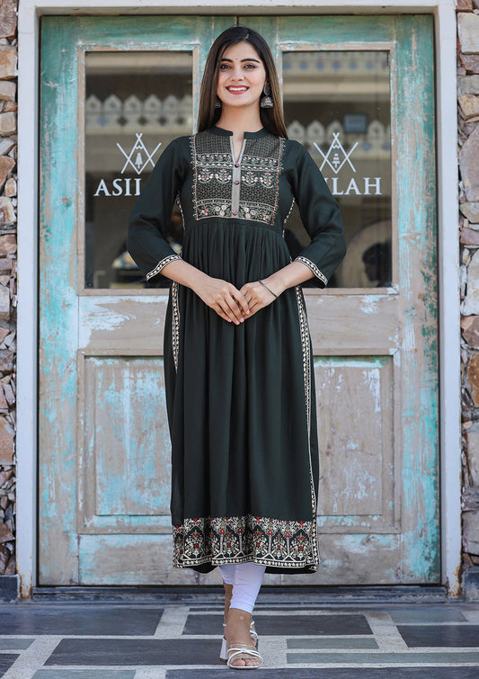 Kaajh Women's Rayon Printed Dark Olive Green Side Slit Long Ethnic Dress