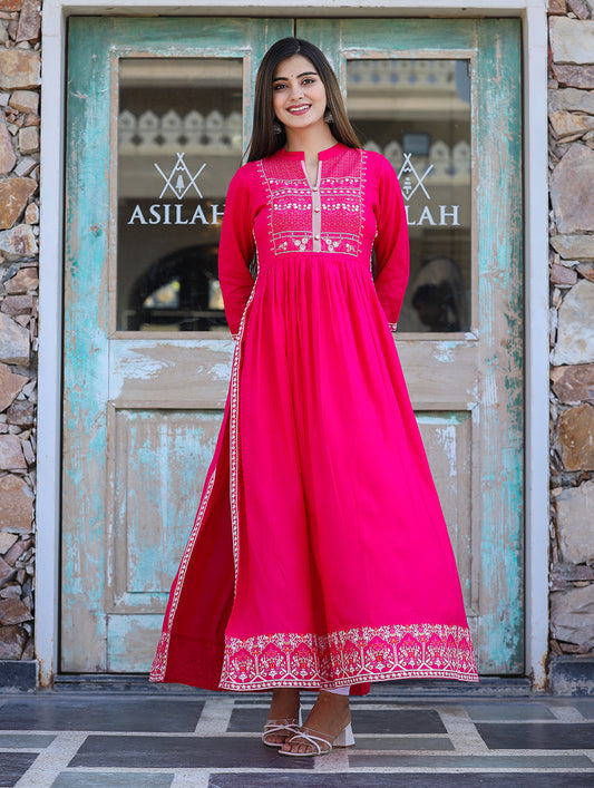 Kaajh Women's Rayon Printed Pink Side Slit Long Ethnic Dress