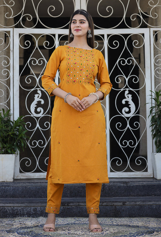 Kaajh Women's Yellow Embroidered Cotton Kurta Pant Set