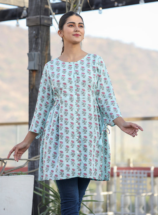 Kaajh Light Green Floral Print Cotton Shirt Style Tunic