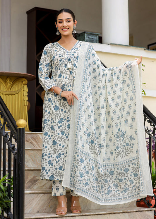 Kaajh Women's White Floral Printed Aaliya Cut Kurta Pant And Dupatta Set