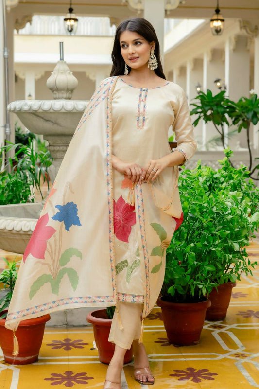 The52 Chiku Women's Beautiful Thread Work Viscose Assam Silk Fabric with Straight Kurta, Pant and Dupatta Set | Grab2Buy
