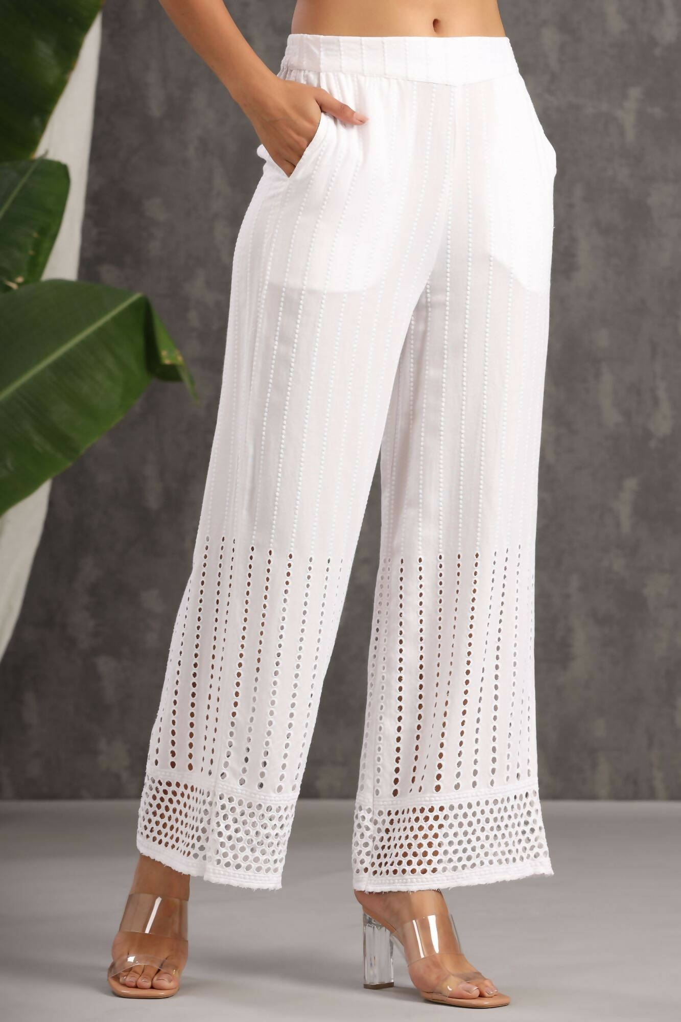 Juniper Women White Rayon Woven Design Flared Palazzo - Grab2buy