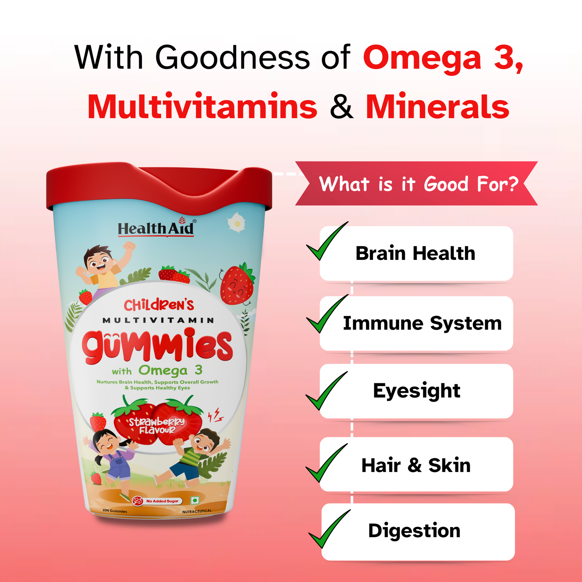 HealthAid Children's Multivitamin Gummies with Omega 3 Gummies - Strawberry Flavour - Grab2buy