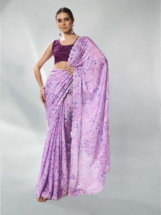 Lavender Satin Georgette Designer Printed Saree - Shezlin