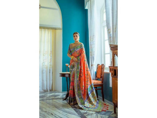 Aastha Fashion Women's Orange Paithani Silk Meenakari Zari Woven Saree with Blouse - Grab2buy