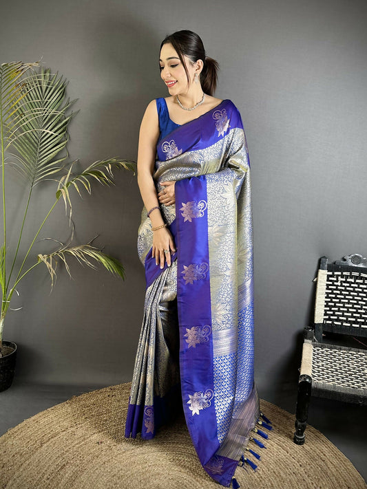 Joban Fashion Grey Intricate Zari Weaving Soft Silk Dharmavaram Saree