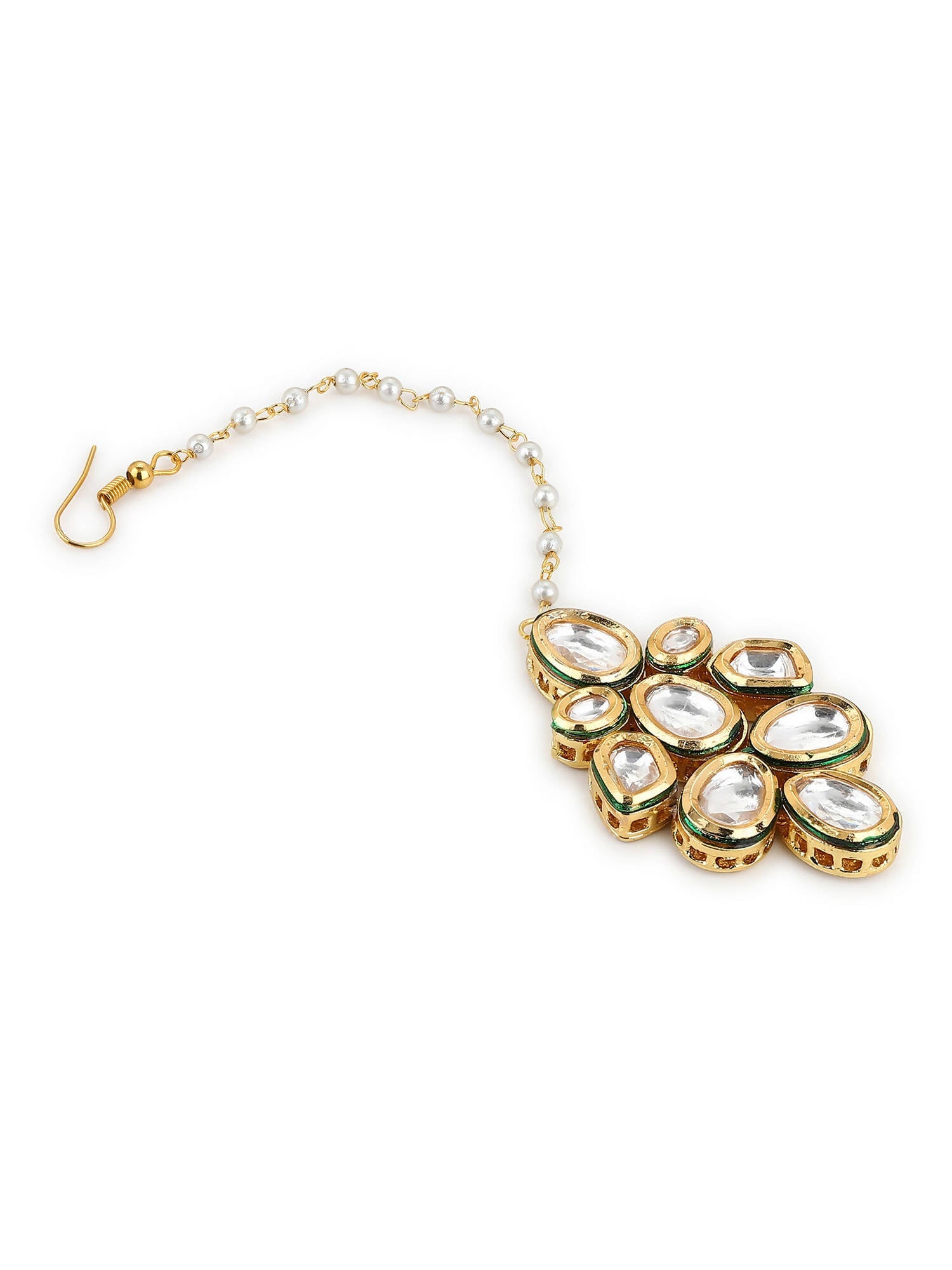 White Gold-Plated Kundan Studded Beaded Maang Tikka - Ruby Raang - Grab2buy