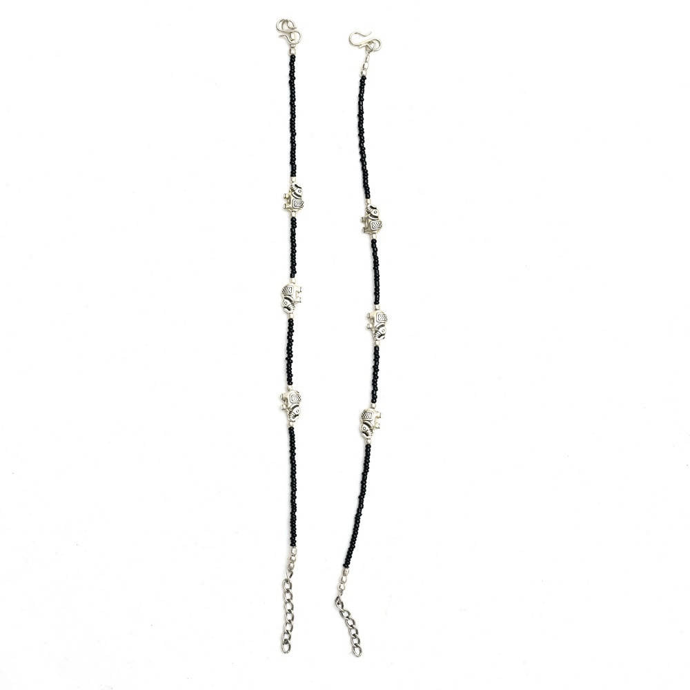 Mominos Fashion Kamal Johar Oxidised Elephant Design Silver/Black Anklets