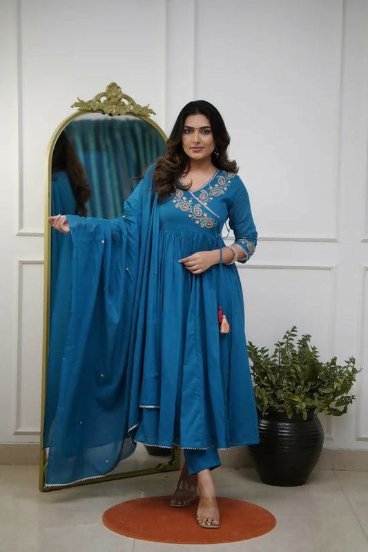The52 Petrol Women's Beautiful Parampara Fabric Embroidered Work Flared Kurta Pant and Dupatta Set | Grab2Buy
