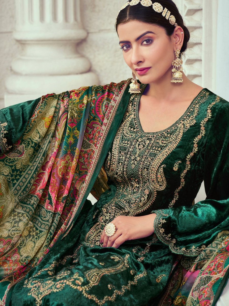 Aastha Fashion Women's Green Velvet Cording with Digital Printed Kurta with Trouser & Dupatta - Grab2buy
