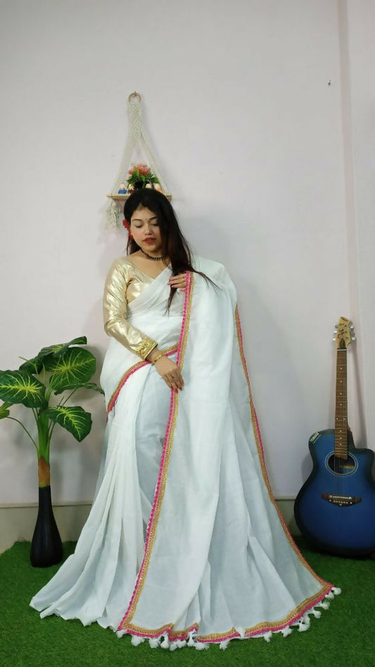 Exclusive Collection Beautiful Khadi Cotton Handloom Grab2Buy With Beautiful Zari Border - White