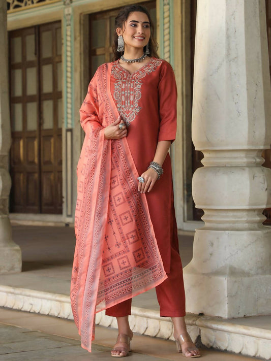 Juniper Women's Rust Silk Solid Embroidered Kurta Set