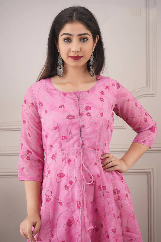 Partywear Designer Hand Screen and Foil Print pink Pure chanderi Gown - Anbazaar - Grab2buy