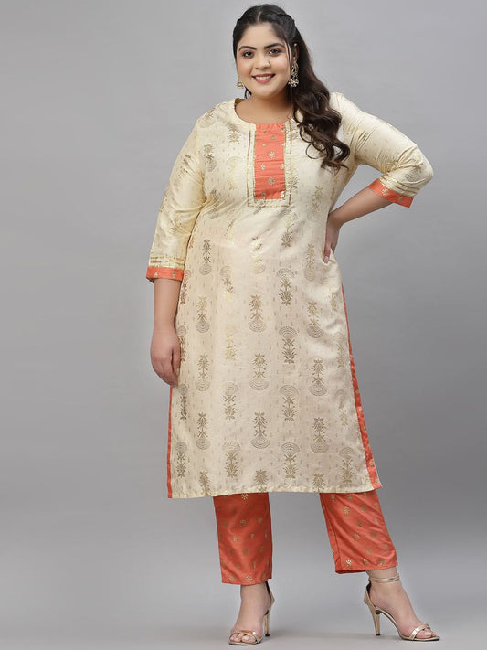 Sztori Plus Size Floral Printed Foil Work Straight Kurta With Trousers