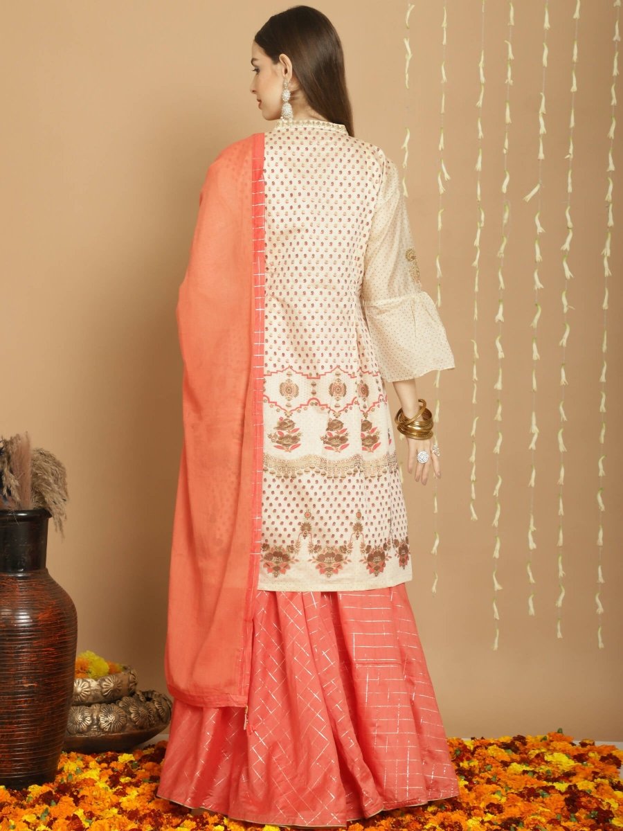 Aastha Fashion Women's Cream Chanderi Silk Elegant Jardoshi Semi Kurta with Trouser & Dupatta - Grab2buy