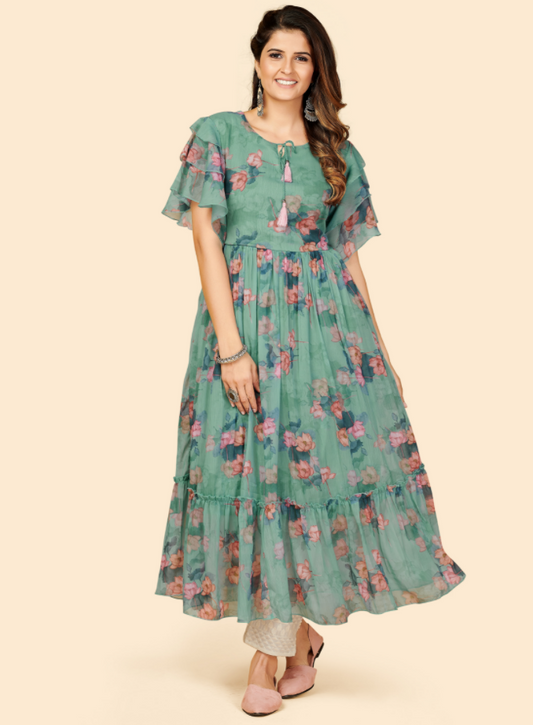 NOZ2TOZ Women's Printed Anarkali Georgette Aqua Green Stitched Kurta (1Pc)