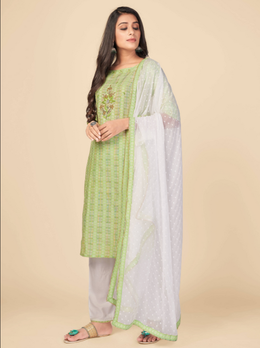 NOZ2TOZ Women's Printed & Hand Work Straight Cotton Parrot Green Kurta Pant With Dupatta (3Pcs Set)