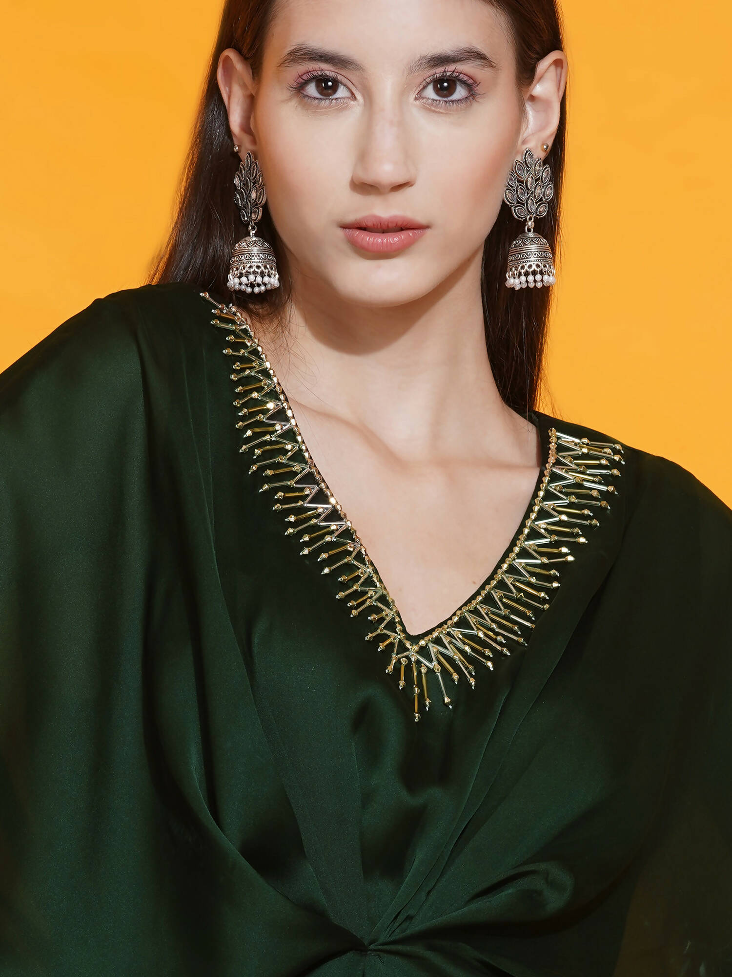 Women Republic Green Georgette Hand Embellished Kaftan Style Gown - Grab2buy