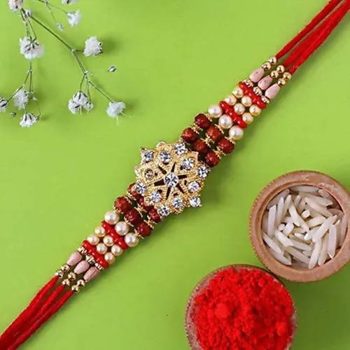 Pretty Rudraksha Rakhi And Fruit N Nut Chocolates