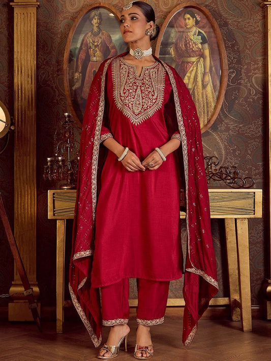 Indo Era Ethnic Floral Embroidered Zari Work Detail Regular Sleeves Round Neck Kurta Set