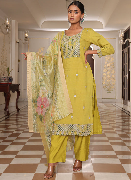 Prazu Fashion Yellow Cotton Silk Thread Sequence Designer Salwar Suit