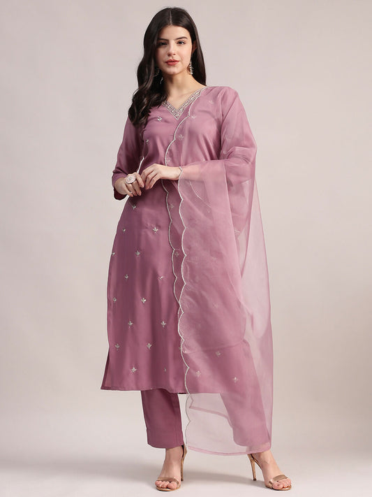 Aavyora Women Lavender Embroidered Chinon Kurta with Straight Pants & Organza Dupatta Set | Grab2Buy