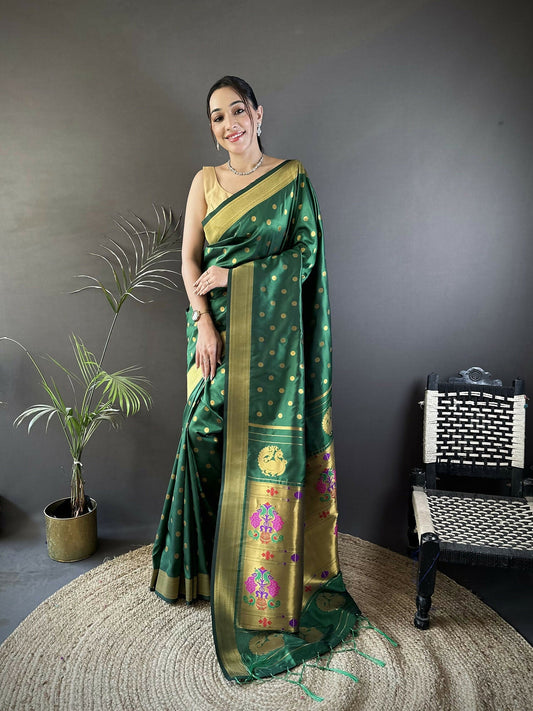 Joban Fashion Green Polka Dot Lichi Silk Paithani Silk Saree