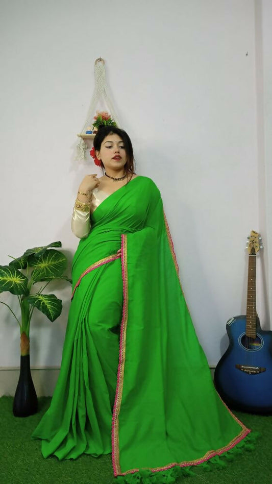 Exclusive Collection Beautiful Khadi Cotton Handloom Grab2Buy With Beautiful Zari Border - Parrot Green
