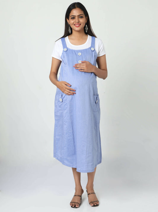 Manet Half Sleeves Solid Maternity Dress With Concealed Zipper Nursing Access - Blue