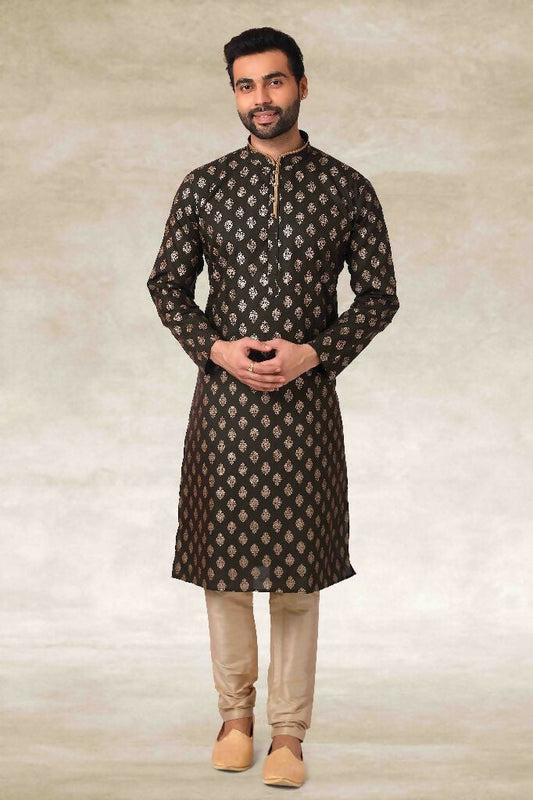 Raivat Ethnic Cotton Printed Work Kurta Pajama In Mehendi Green Colour