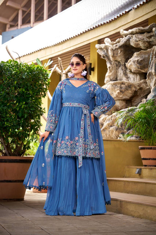 Prazu Fashion Dark Lavender Chinon Silk Embroidered Sharara Suit