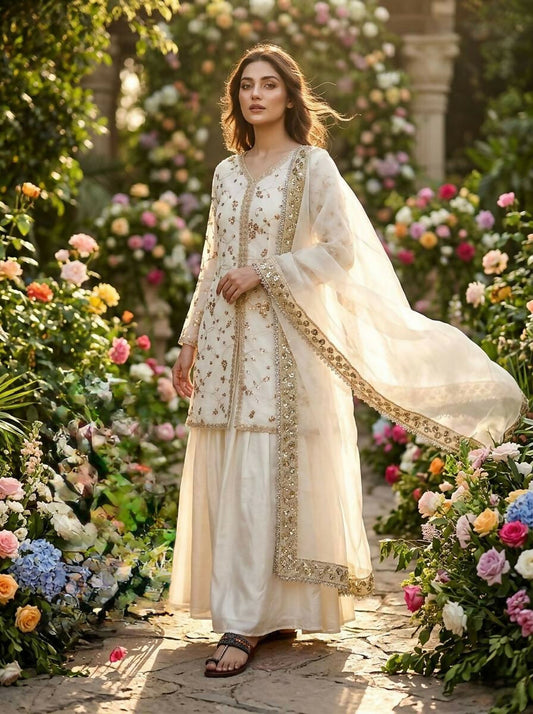 Teeya Creation Womens New Trendy Heavy Embroidery Work Kurta Palazzo Set - White