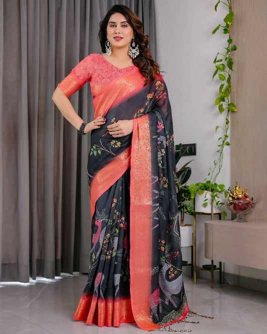 PR Fashion Black Pure Handloom Linen Saree