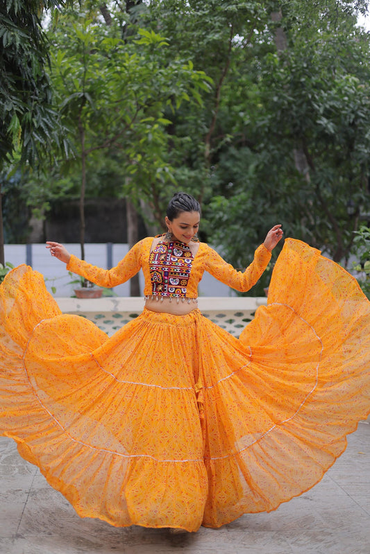 Prazu Fashion Yellow Georgette Bandhej Print With Gotta Patti Lehenga For Navratri
