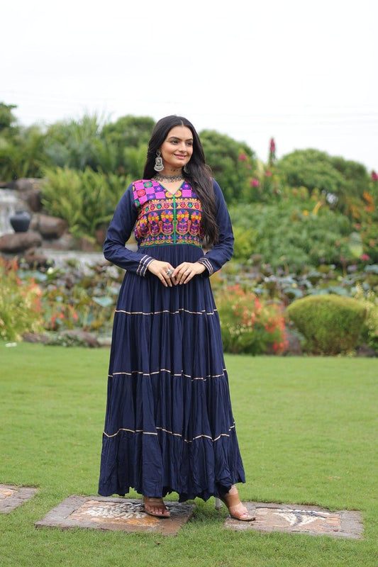 Prazu Fashion Blue Rayon Kutchi Gamthi Embroidered & Mirror Hand Work Navratri Gown