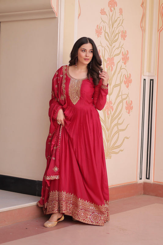 Prazu Fashion Rani Pink Georgette With Zari & Sequins Embroidered Work Gown With Dupatta