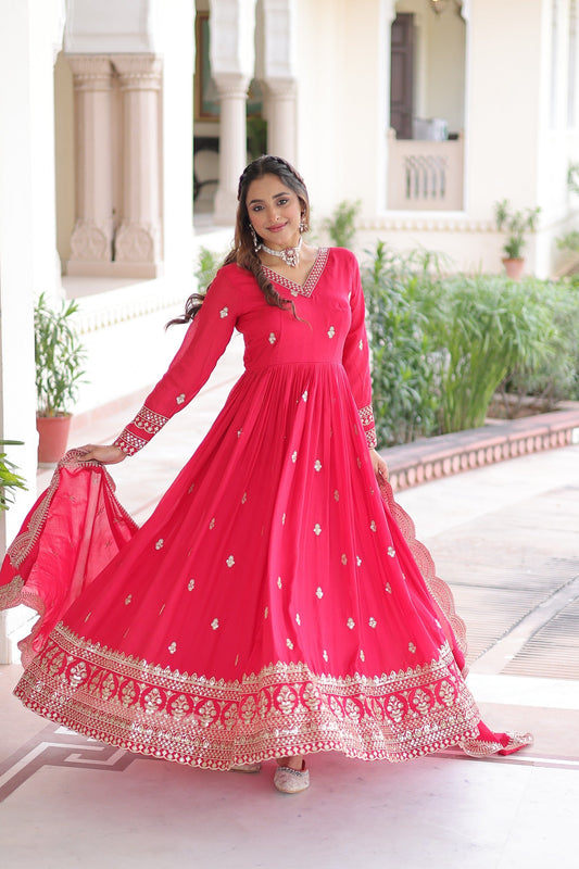 Prazu Fashion Rani Pink Vichitra Silk Rich Sequins & Zari Embroidered Gown With Dupatta