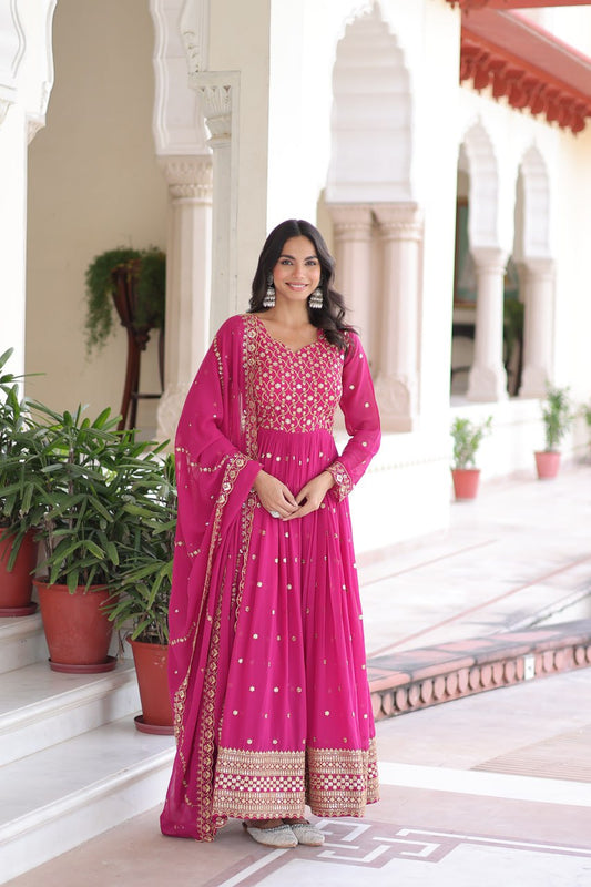Lehenga Mart Premium Readymade Gown With Dupatta Set For Women-Rani Pink