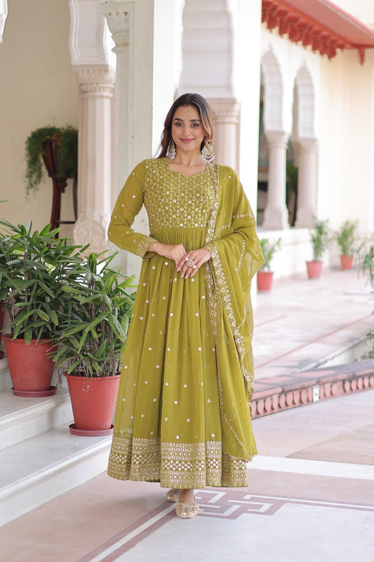 Prazu Fashion Mahendi Green Georgette Rich Sequins & Zari Embroidered Gown With Dupatta