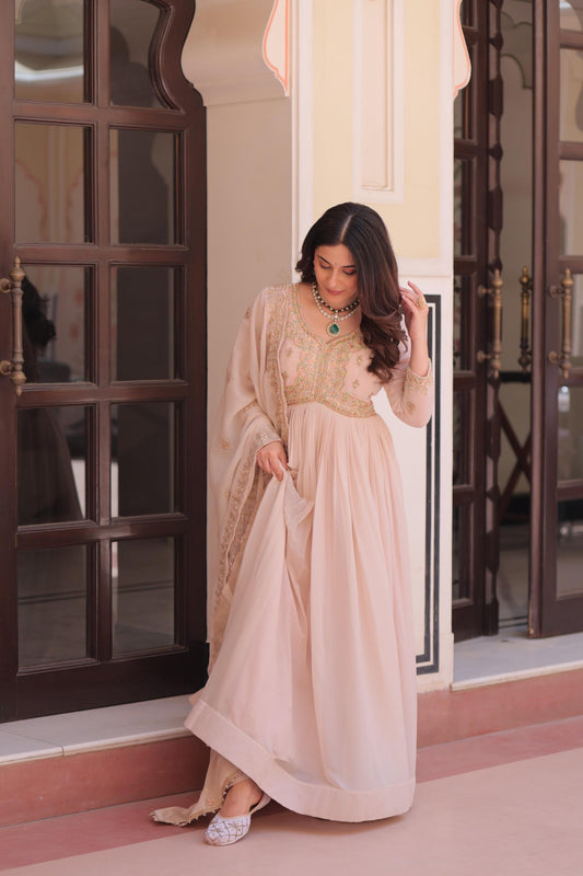 Prazu Fashion Cream Georgette With Beads & Sequins Embroidered Gown With Dupatta