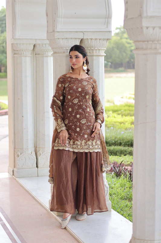 Prazu Fashion Coffee Fendi Silk Sequins & Zari Embroidered Sharara Suit