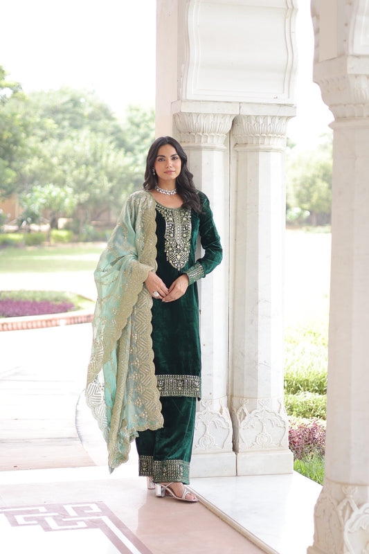 Prazu Fashion Green Velvet Rich Sequins & Zari Embroidered Work Salwar Suit