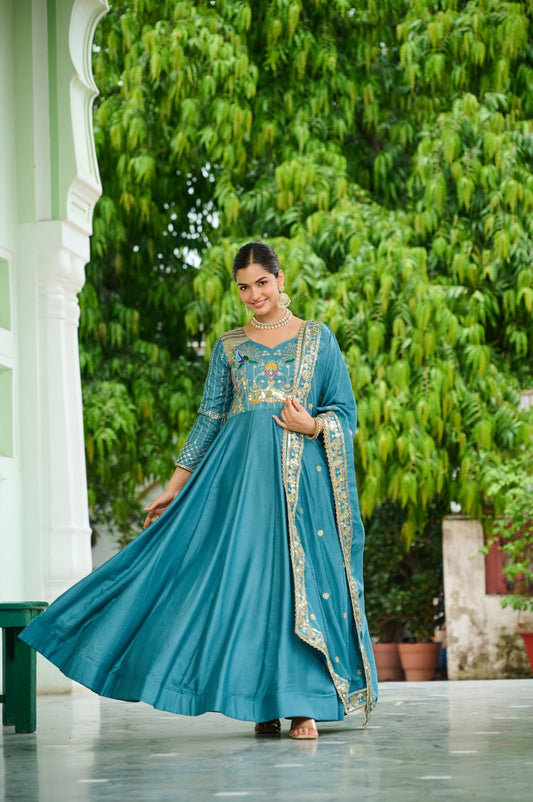 Lehenga Mart Premium Readymade Gown With Dupatta Set For Women-Sky Blue