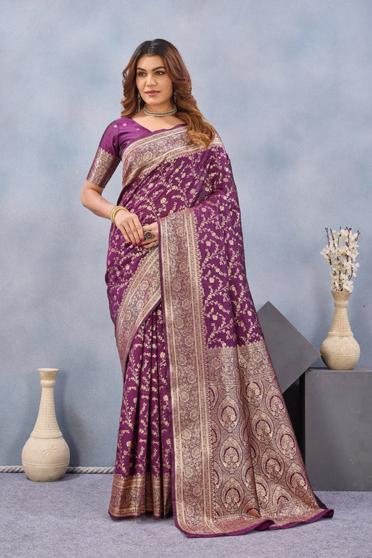 Divine International Trading Co Wine Soft Silk Blend Banarasi Jacuard Work Designer Party Wear Saree With Unstitched Blouse Piece