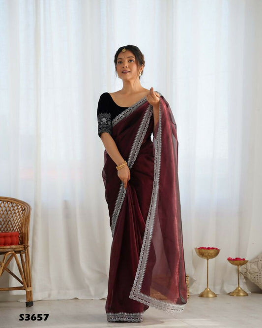 Attrctive Looking Gold Jari, Sequance Embroidery Work Twill Net Party Wear Saree - Coffee