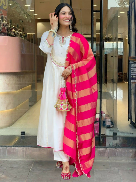 The52 White Women's Gorgeous Embroidered Work Chanderi Fabric Flared Kurta Pant and Dupatta Set | Grab2Buy