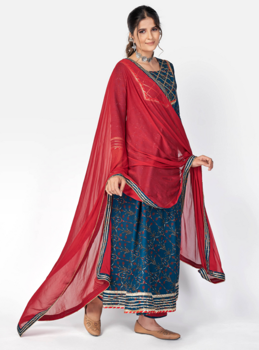 NOZ2TOZ Women Dark Blue Anarkali Cotton Kurta With Pant & Dupatta (3Pcs Set)