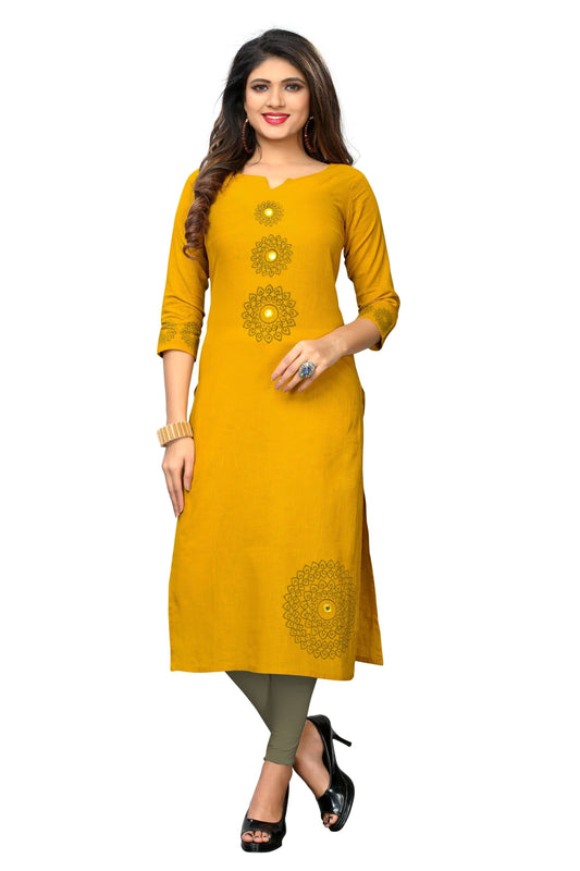 NOZ2TOZ Women's Yellow Color Slub Cotton Straight Kurta Only