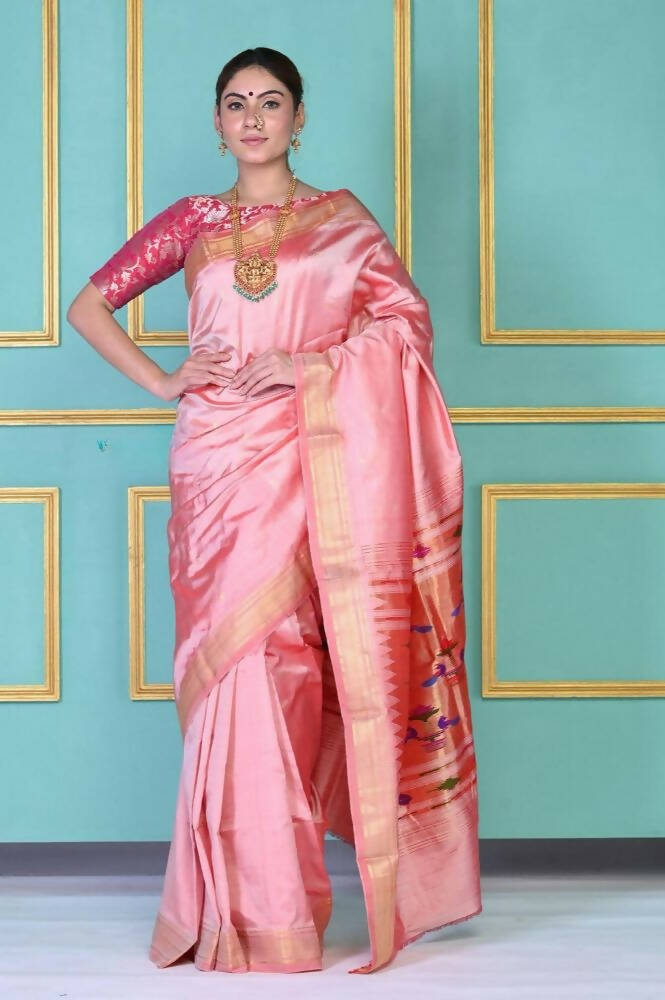 Very Much Indian Traditional Pretty Peach Pure Silk Double Pallu Paithani With Designer Peacocks Pallu - Grab2buy